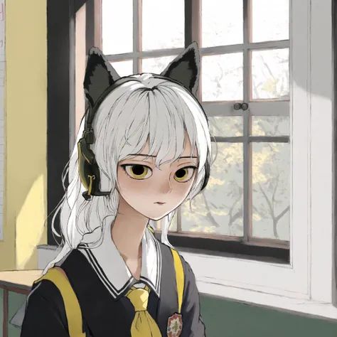 <lora:riffleman1130_v2:1.0>, (riffleman:1.0), drawing,black hair, classroom, dog ears, korean, long hair, school uniform, serafuku, white hair, window, yellow eyes