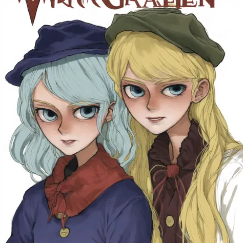 <lora:riffleman1130_v2:1.0>, (riffleman:1.0), drawing,2girls, blonde hair, blue hair, cover, cover page, hat, multiple girls, vampire