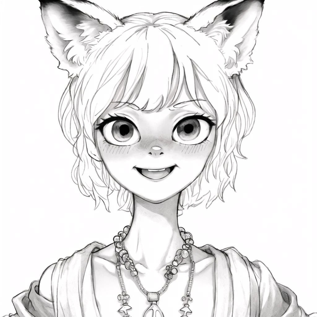 <lora:riffleman1130_v2:1.0>, (riffleman:1.0), drawing,
+ +, 1girl, animal ear fluff, animal ears, animal hands, animal nose, bangs, blush, body fur, breasts, character name, claws, cleavage, collarbone, fang, female focus, fox ears, fox girl, furrification, furry, furry female, hair rings, happy, japanese text, jewelry, light blush, long hair, long sleeves, looking at viewer, medium breasts, monochrome, multiple views, necklace, off shoulder, open mouth, sidelocks, simple background, sketch, smile, snout, upper body, v-shaped eyebrows, white background, wide sleeves
