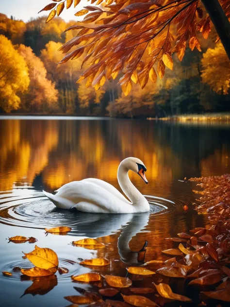 A ral-amber swan swimming majestically across an autumnal lake with ral-amber leaves falling from trees, the scene shot with a Leica SL2 for its striking contrast and depth <lora:ral-amber-sdxl:1> <lora:EnvyBetterHiresFixXL01:0:hr=1>