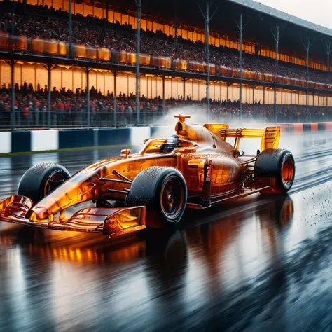 A sleek ral-amber F1 race car speeding down a wet race track, droplets creating a misty haze across the car towards the packed grandstand, shot with a Canon EOS R5 for a vivid, cinematic effect <lora:ral-amber:1.5> <lora:quality1:0:hr=1>