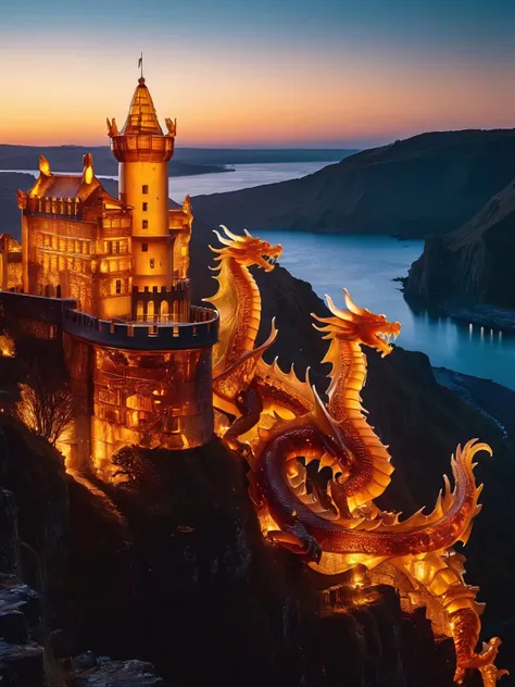 A ral-amber dragon curling around a cliffside castle at dawn, scales shimmering with history, the scene shot with a Leica SL2 for its striking contrast and depth <lora:ral-amber-sdxl:1> <lora:EnvyBetterHiresFixXL01:0:hr=1>