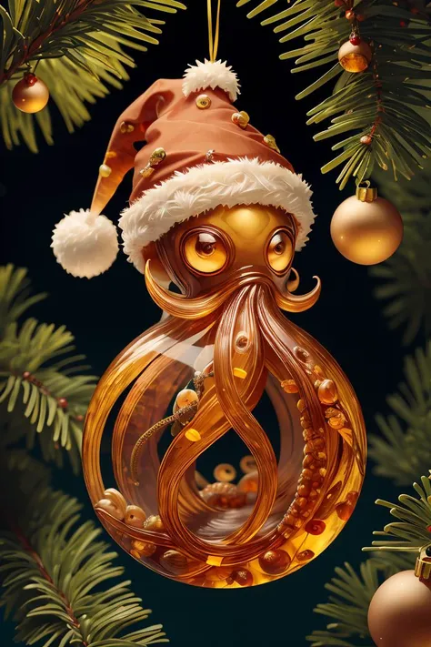 masterpiece, best quality, original, official art,ral-amber, creepy octupus in the ocean christmas ornament with a santa hat on, <lora:ral-amber-sd15:0.8>