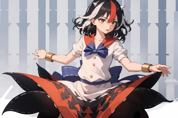 masterpiece,highres,best quality,1girl,solo,<lora:arrowbg-wasabiya:1>,patterned background,(arrowbg:1.2),arrows,cowboy shot,thighs,arms behind back,wallpaper,<lora:seija-Wasabiya:1>,kijin seija,horns,streaked hair,dress,arrow (symbol),black hair,red hair,bow,short sleeves,bracelet,