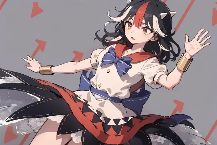 masterpiece,highres,best quality,1girl,solo,<lora:arrowbg-wasabiya:1>,patterned background,(arrowbg:1.2),arrows,cowboy shot,thighs,arms behind back,wallpaper,<lora:seija-Wasabiya:1>,kijin seija,horns,streaked hair,dress,arrow (symbol),black hair,red hair,bow,short sleeves,bracelet,