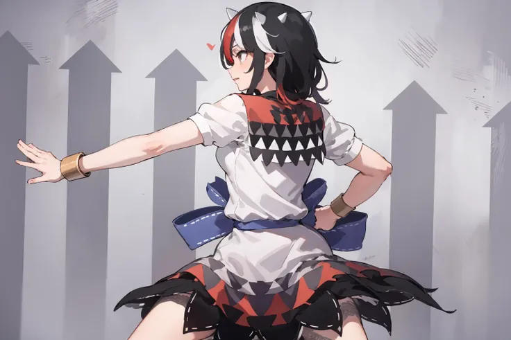 masterpiece,highres,best quality,1girl,solo,<lora:arrowbg-wasabiya:1>,striped background ,(arrowbg:1.2),arrows,cowboy shot,thighs,arms behind back,wallpaper,<lora:seija-Wasabiya:1>,kijin seija,horns,streaked hair,dress,arrow (symbol),black hair,red hair,bow,short sleeves,bracelet,
