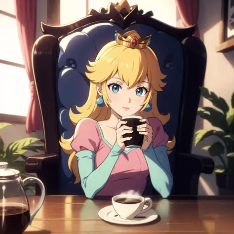 masterpiece, best quality, 1girl, solo, sitting, coffee, coffee cup, <lora:princessPeachCharacter_v10:0.8>, princess peach, crown, earrings,