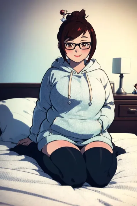 masterpiece, best quality, 1girl, solo, thighhighs, solo, (red hair ornament:1.2), snowflake hair ornament, mei (overwatch), glasses, brown hair, hair bun, smile, looking at viewer, hoodie, blush, short hair, black-framed eyewear, bangs,<lora:Mei:0.8>, best quality, full body, fat, plump, on bed, bedroom in background