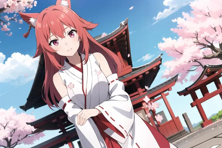 1girl, (red hair), pink eyes, miko, shrine background, cherry blossoms, blue sky, clouds, dutch angle