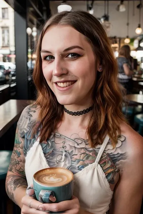 <lora:LucieBelle:0.8>, full color portrait of a young woman, having a coffee at a vintage cafe, tattoos, natural light, smile, RAW photo, subject, 8k uhd, dslr, soft lighting, high quality, film grain, Fujifilm XT3