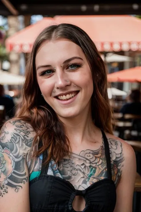 <lora:LucieBelle:0.8>, full color portrait of a young woman, having a coffee at a vintage cafe, tattoos, natural light, smile, RAW photo, subject, 8k uhd, dslr, soft lighting, high quality, film grain, Fujifilm XT3