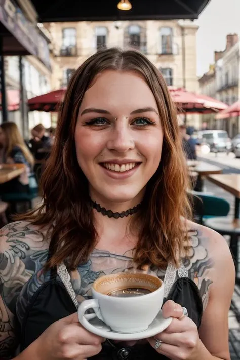 <lora:LucieBelle:0.8>, full color portrait of a young woman, having a coffee at a vintage cafe, tattoos, natural light, smile, RAW photo, subject, 8k uhd, dslr, soft lighting, high quality, film grain, Fujifilm XT3