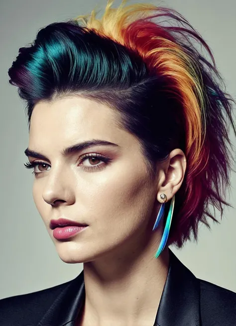 portrait of sks woman by Flora Borsi, style by Flora Borsi, bold, bright colours, rainbow Mohawk haircut, ((Flora Borsi)), <lora:lora_kendall_v1_from_v1_160:1>