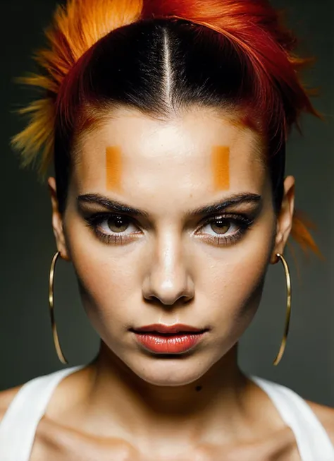 portrait of sks woman by Flora Borsi, style by Flora Borsi, bold, bright colours, orange Mohawk haircut, ((Flora Borsi)), <lora:lora_kendall_v1_from_v1_160:1>