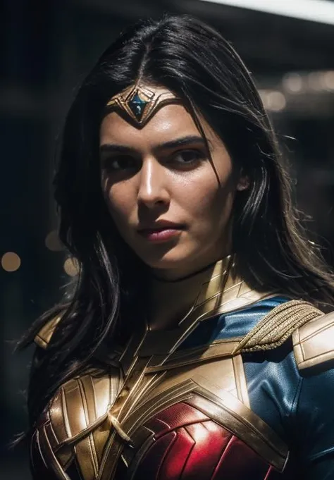 photo of beautiful sks woman, a woman cosplay as wonderwoman, superhero dc comics, red blue gold costume, dark moody ambience (masterpiece:1.2) (photorealistic:1.2) (best quality) (detailed skin:1.2) (intricate details) (8k) (HDR) (cinematic lighting) (sharp focus), (looking at the camera:1.1), (portrait:1.1), <lora:lora_kendall_v1_from_v1_160:1.2>