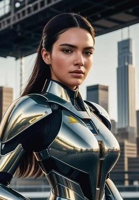 photo of beautiful sks woman <lora:lora_kendall_v1_from_v1_160:1.2>, (detailed face), perfect face, (((Best Quality))), ((Masterpiece)), (Photorealistic), Hyper Real, wearing a Mecha suit, complex intricate high tech design on the mecha suit, futuristic body armor, brown skin, beautiful, solo, (up-close, wide-angle shot), city in background, highly detailed, octane render