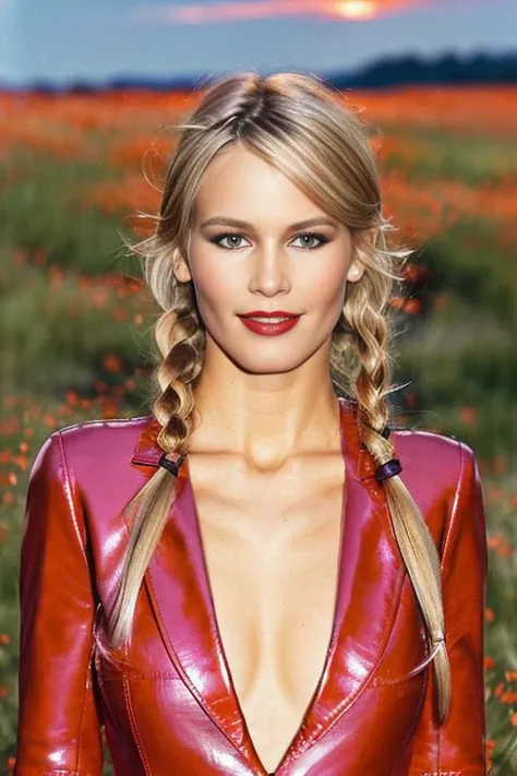 <lora:cl4ud14sch1ff3r_v1.0:0.8>,  a full body picture of a claudiasfr woman with blue eyes and a blonde Braid hair style, Perfect eyes, Detailed face, (dark eyeliner:0.7), (Lipstick:0.9),(highly detailed skin:1.1), perfect body, (wearing a stylish red leather suit), sexy pose, Professional Photography, Soft Lighting, warm, Photorealistic, stunning sunset, (walking in a prairie Poppy field in Spain background), depth of field, God rays, volumetric fog, RAW, analog, 8k, high res, DSLR, high quality, Fujifilm XT3, film grain, award winning, masterpiece
