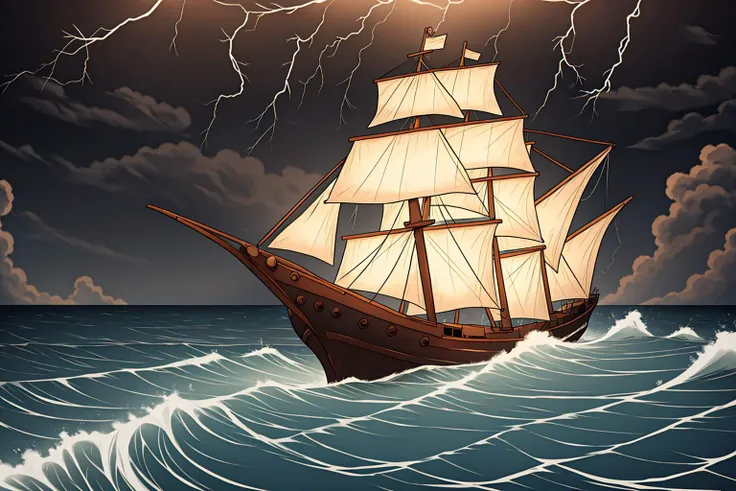 <lora:lora:0.7> a ship in a storm at sea at night, lightning