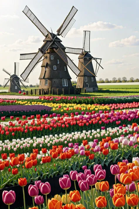 <lora:lora:0.7> a Dutch windmill standing in a field of tulips