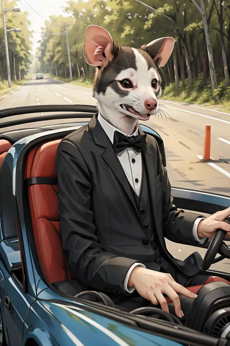 <lora:lora:0.7> a possum wearing a tuxedo driving a sports car on a country road