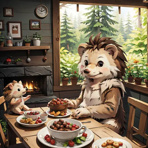 <lora:lora:0.85> a hedgehog sitting at a table in a cozy cabin