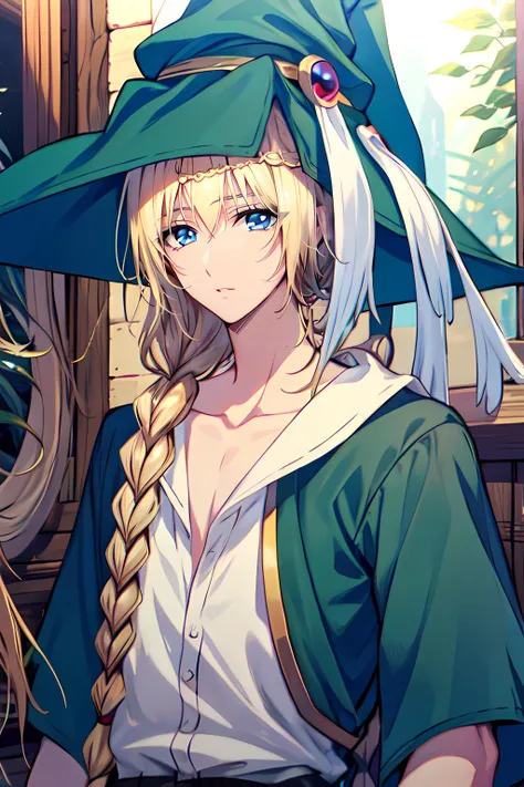 masterpiece, best quality, high quality, 1boy, solo, male focus, looking at viewer, upper body, <lora:yunan_magi:0.78>, yunan_magi, blonde hair, long hair, blue eyes,