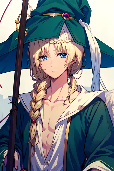 masterpiece, best quality, high quality, 1boy, solo, male focus, looking at viewer, upper body, <lora:yunan_magi:0.78>, yunan_magi, blonde hair, long hair, blue eyes,