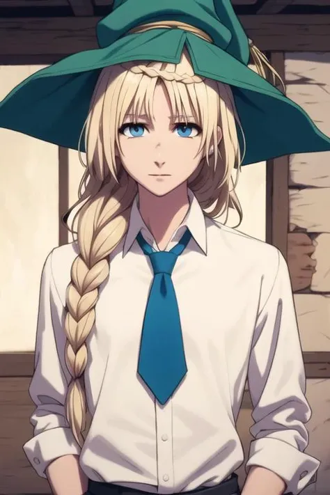 masterpiece, best quality, high quality, 1boy, solo, male focus, looking at viewer, upper body, <lora:yunan_magi:0.68>, yunan_magi, blonde hair, long hair, blue eyes, , formal, necktie, dress shirt