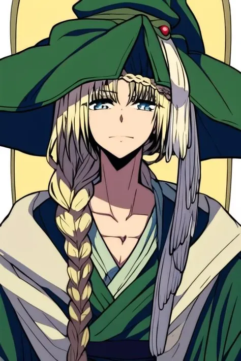 masterpiece, best quality, high quality, 1boy, solo, male focus, looking at viewer, upper body, <lora:yunan_magi:0.52>, yunan_magi, blonde hair, long hair, blue eyes, hat, shirt