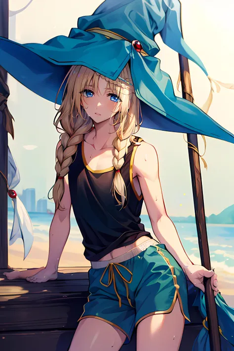 masterpiece, best quality, high quality, 1boy, solo, male focus, looking at viewer, waist-up, <lora:yunan_magi:0.78>, yunan_magi, blonde hair, single braid, witch hat, long hair, blue eyes, tank top, gym shorts, sweating