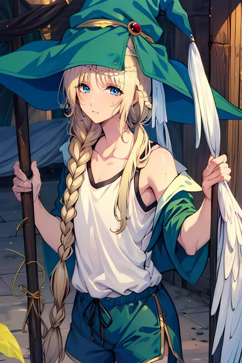 masterpiece, best quality, high quality, 1boy, solo, male focus, looking at viewer, waist-up, <lora:yunan_magi:0.78>, yunan_magi, blonde hair, single braid, witch hat, long hair, blue eyes, tank top, gym shorts, sweating