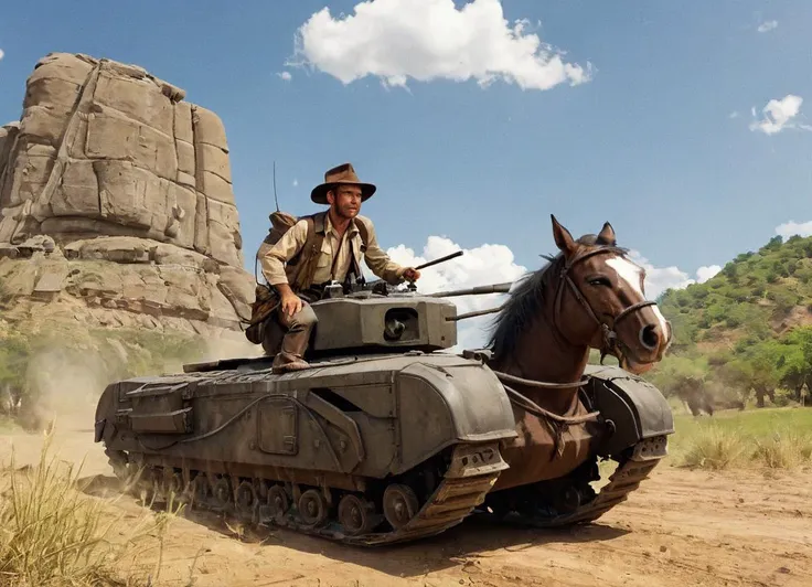 <lora:Churchill_Tank_SDXL_v2:0.7>
<lora:Web_Cartoon:1>
cinematic scene where indiana jones is riding his horse next to a tank chrchltnk