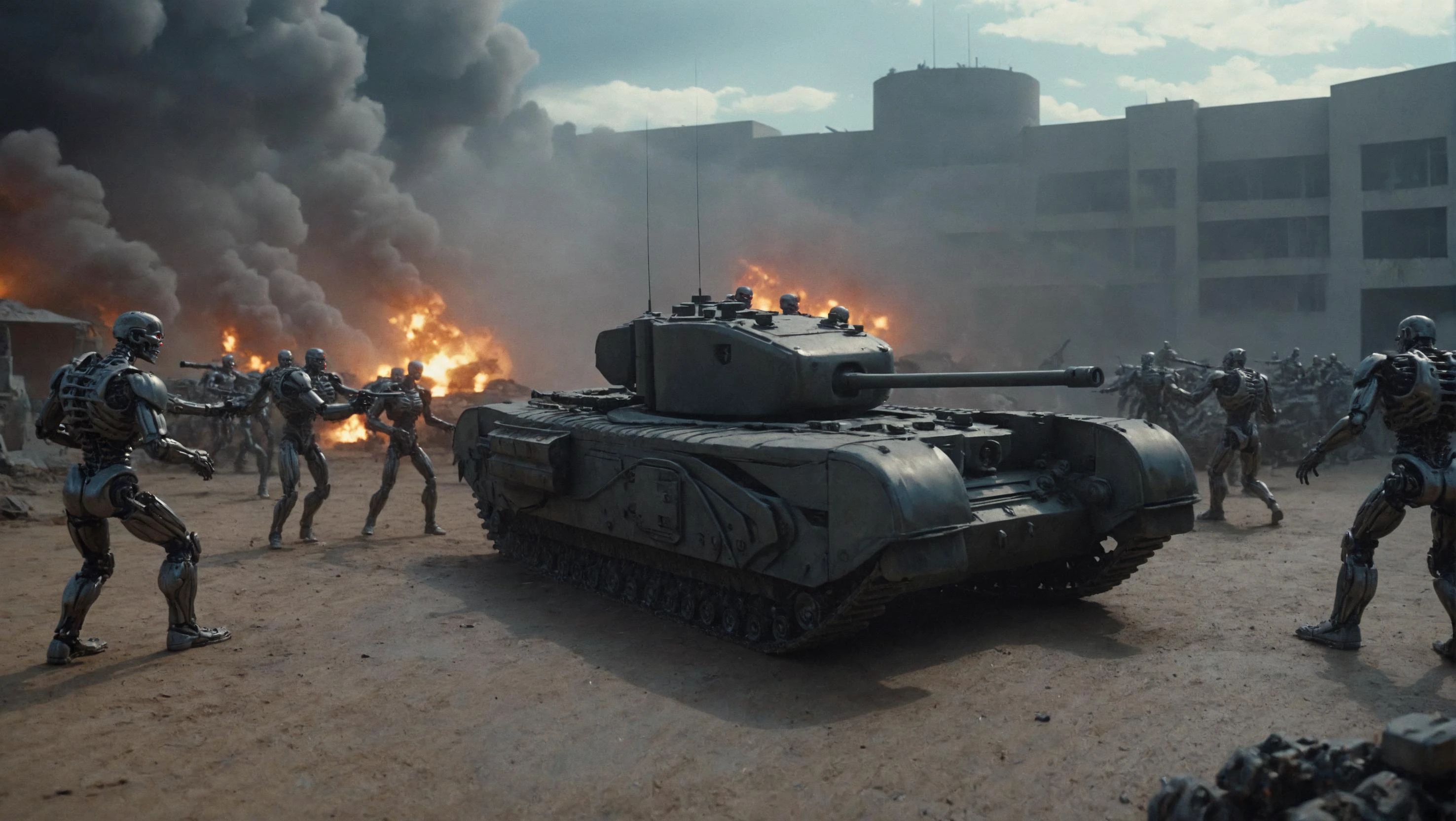 <lora:Churchill_Tank_SDXL_v2:0.7>
cinematic movie scene with a tank chrchltnk fighting a group of terminator 2000 models in the future, science fiction