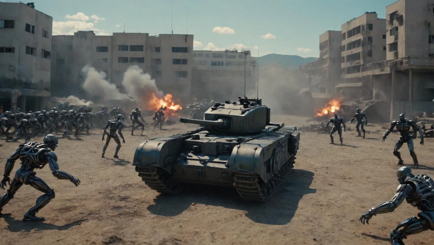 <lora:Churchill_Tank_SDXL_v2:0.7>
cinematic movie scene with a tank chrchltnk fighting a group of terminator 2000 models in the future, science fiction