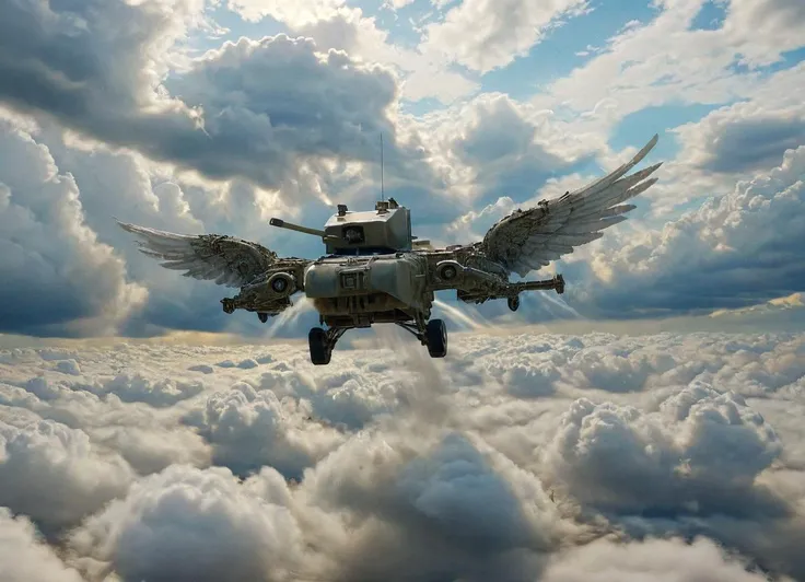 <lora:Churchill_Tank_SDXL:1> chrchltnk, ground vehicle has grown some angels wings and is flying through the clouds