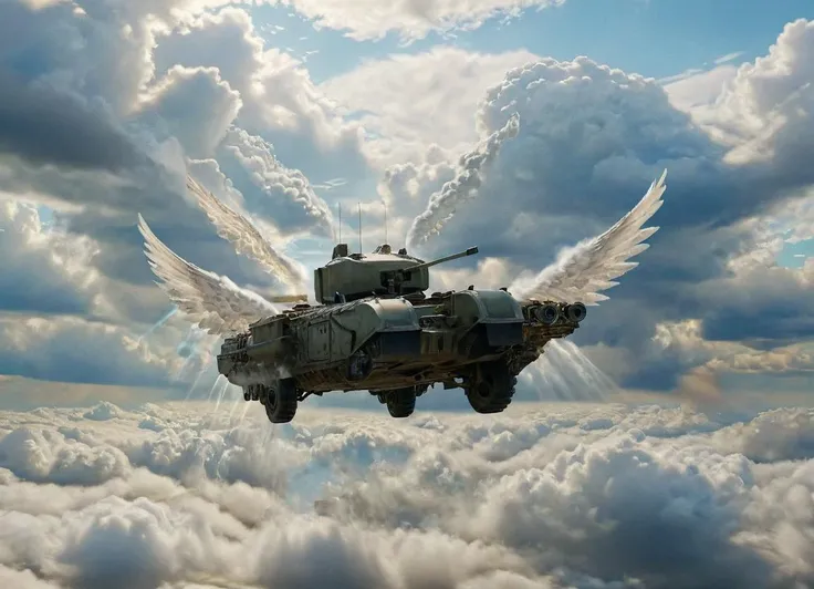 <lora:Churchill_Tank_SDXL:1> chrchltnk, ground vehicle has grown some angels wings and is flying through the clouds