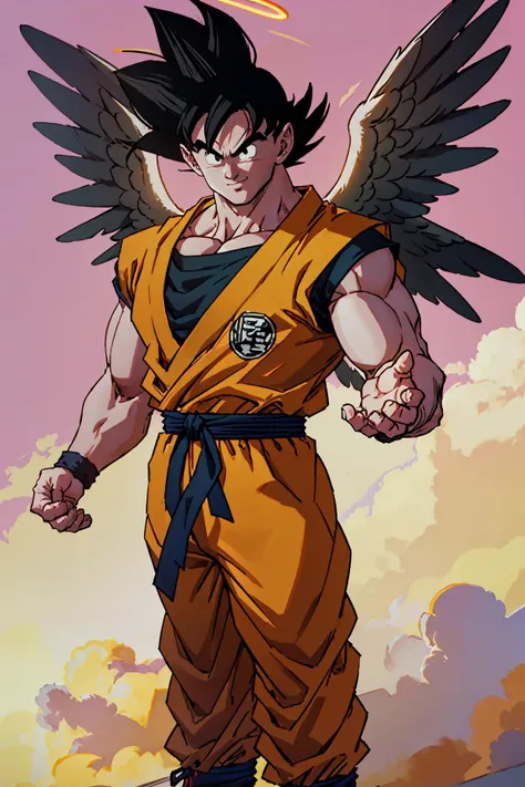 cinematic film still goku, ((angel halo)), ((white angel wings)), muscular male, dougi, gi, orange gi, ((flying)), loose expression, light smile, waving hand to viewer, spiked hair, black hair, (black eyes), belt, Perfect Hands, solo, vest, pink sky, yellow cloud, full body <lora:otherworld_v1:0.6> <lora:1.5_perfect hands:1> <lora:base goku:0.6> . shallow depth of field, vignette, highly detailed, high budget, bokeh, cinemascope, moody, epic, gorgeous, film grain, grainy