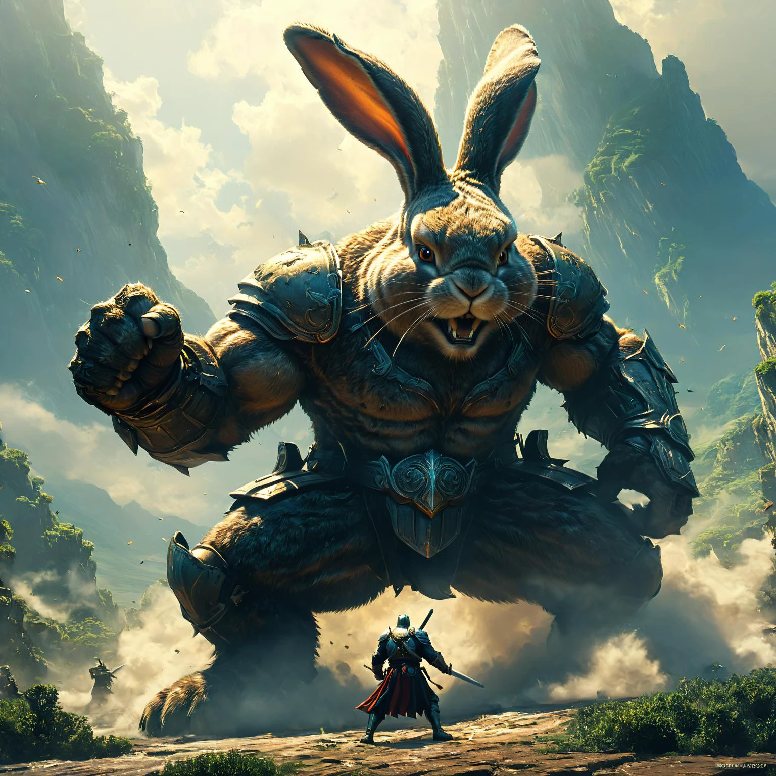 cinematic <lora:EnvyAnimeSpeedpaintXL01:1.00> by (((Robert Antoine Pinchon) and Eiichiro Oda) and Delphin Enjolras) and Alex Howitt, action shot, fighting, fantasy, gigantic bunny, bosstyle <lora:boss_battles:0.55> , dof, <lora:more_art:0.30> <lora:RMSDXL_Enhance:0.45> <lora:RMSDXL_Creative:0.45> <lora:RMSDXL_Photo:0.45> <lora:RMSDXL_Darkness_Cinema:0.45> <lora:clothing_slider:0.00> <lora:great_lighting:1.00> <lora:aesthetic:1.00> <lora:looking_at_viewer:1.00> <lora:photorealistic_portrait_v2:0.25> <lora:attractive_v2:0.10> <lora:extremely_detailed_v2:0.25> <lora:add_detail:0.75> <lora:perfect_eyes:0.25> <lora:perfect_hands:0.50>