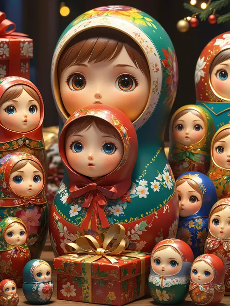 small and large Matryoshka dolls look at a Christmas gift box, look very surprised, highly detailed, vibrant colors, intricate, ultra hd, 8k uhd, soft lighting, high quality, sharp focus, drawing, anime style, studio ghibli style, Gyoshū Hayami style <lora:DetailedEyes_xl_V2:1> <lora:add-detail-xl:0.75> <lora:perfect hands 2:1>