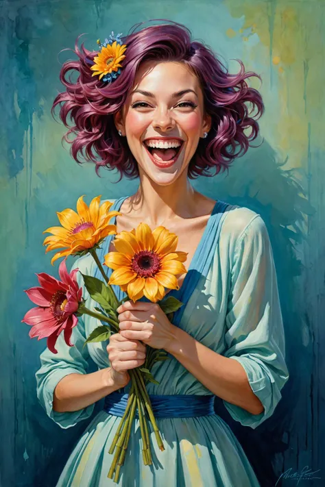 by (((Natalia Rak) and Jeremiah Ketner) and Daniel F. Gerhartz) and Rolf Armstrong, oil and watercolor pastel<lora:oil_and_watercolor_pastel:1.00>, adorable happy woman holding two flowers, maniacal laughter <lora:happy:0.6> <lora:maniacal_laughter:2.25> <lora:dual_pisols:1.35> <lora:more_art:0.20><lora:huge_anime_eyes:0.85><lora:attractive:0.75><lora:great_lighting:1.00><lora:aesthetic:0.85><lora:photorealistic_portrait:0.85><lora:clothing_slider:1.00><lora:RMSDXL_Enhance:0.45><lora:RMSDXL_Creative:0.35><lora:RMSDXL_Photo:0.45><lora:RMSDXL_Darkness_Cinema:0.50><lora:XDetail_heavy:0.45><lora:perfect_eyes:0.15><lora:perfect_hands:0.15><lora:midjourney:-0.15><lora:looking_at_viewer:0.75>