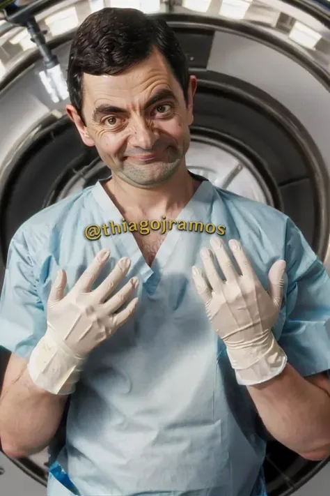 mrbean, mr_bean, (full body), hand_over_chest, surgical outfit, evil smile, looking at viewer, surgical gloves, Perfect Hands, <lora:concept_clothing_surgical_outfits_hand_over_chest_v3_1:0.9>, <lora:Mr_Bean-15:1>, <lora:perfect hands_1.5:0.8>