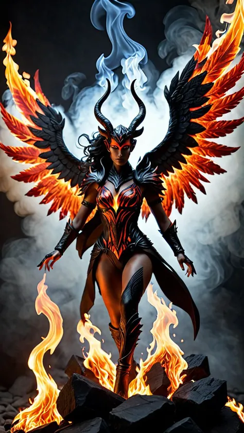 female fire elemental, glowing, fire, embers, body of red flames, wings of flue flames,
black obsidian horns, black obsidian eyes,
floating in mid air,
masterpiece, intricate details, very detailed, high quality, full_body, (full body shot:1.3), whole body, vibrant colors, photograph, realistic, dramatic lighting, rim lighting,
<lora:perfect hands:1> Perfect Hands,
<lora:more_details:1>,
