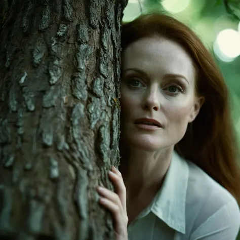 cinematic film still of  <lora:perfection style:0.1>
 <lora:detailed:0.3>
 <lora:Chiaroscuro Lighting Style:0.3>
 <lora:hand 4:0.3>
A detailed and A perfect photo of young julianne moore a woman leaning against a tree trunk,hand focus, shallow depth of field, vignette, highly detailed, high budget, bokeh, cinemascope, moody, epic, gorgeous, film grain, grainy