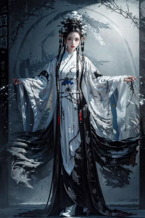 <lora:perfect hands>,perfect hand,(full body:1.1),elegant,xuer embroidery,<lora:xuer embroidery_20240203234703:0.8>,masterpiece,top quality,best quality,official art,(beautiful and aesthetic:1.2),cover art,illustration minimalism,zentangle Alluring,(Ginkgo:1.1),sleek,covered in Posters,intricate,abstract,monochrome,patterns,meditative,highly detailed,(dark black and light white Theme Chinese Theme:1.3),medium breasts,