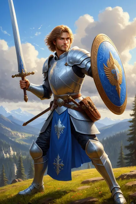 by Siya Oum, by Boris Kustodiev, by Terry Redlin, character, sword and shield <lora:sword_and_shield:0.45>, digital painting