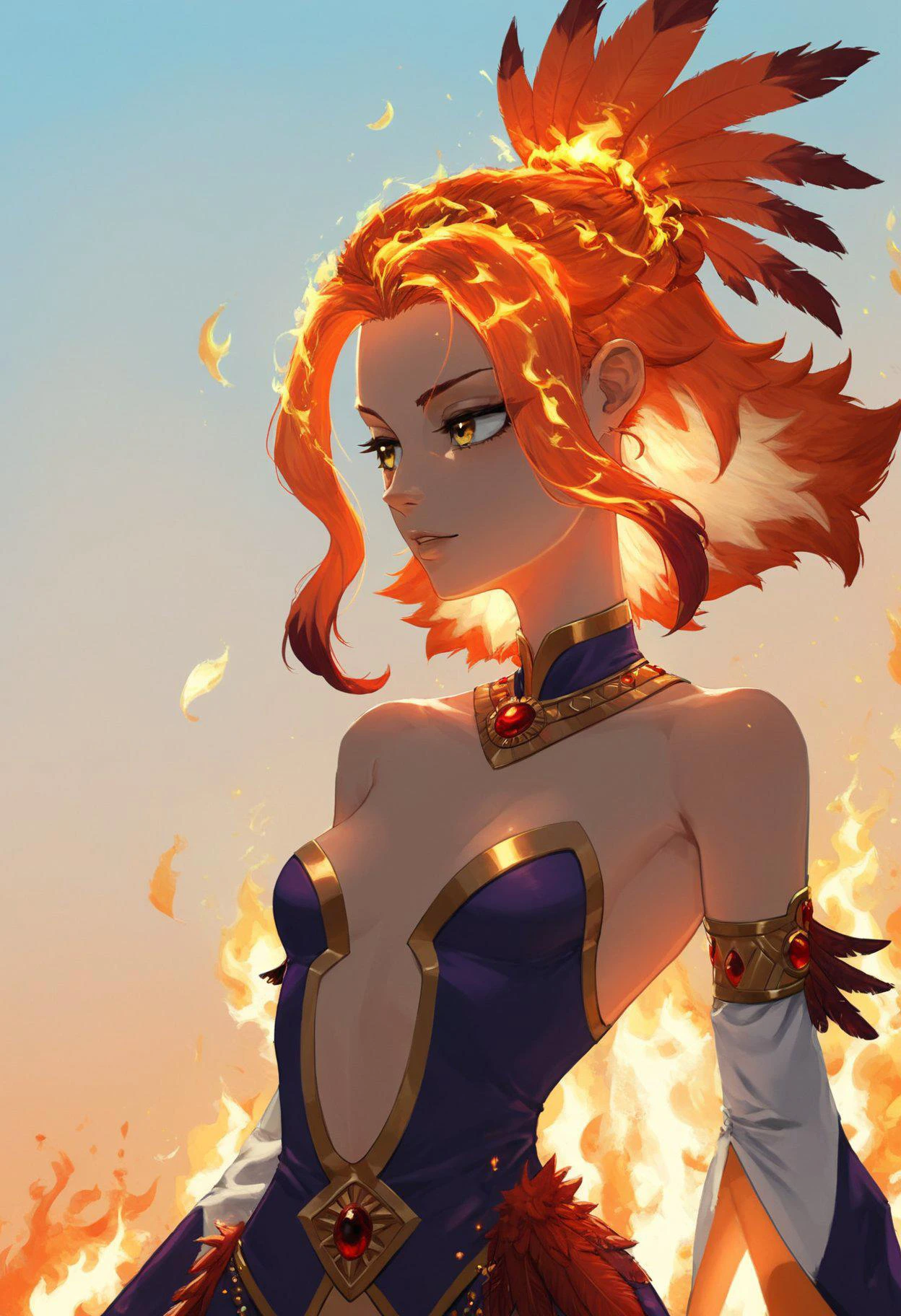 safe_pos, socre_9, score_8_up, score_7_up, aesthetic, sexy mythic phenix girl, eyes blaze, fire hair, feathers of fire, fire blaze feathers attire, small breasts, (open boobs neckline:0.9), S1_DRAM, <lora:add-detail-xl:1>, <lora:S1_Dramatic_Lighting_v2:0.2>, <lora:hands5g:1>, <lora:incase-ilff-v3-4:0.6>, <lora:aesthetic:1.5>, <lora:xl_more_art-full_v1:1.5>