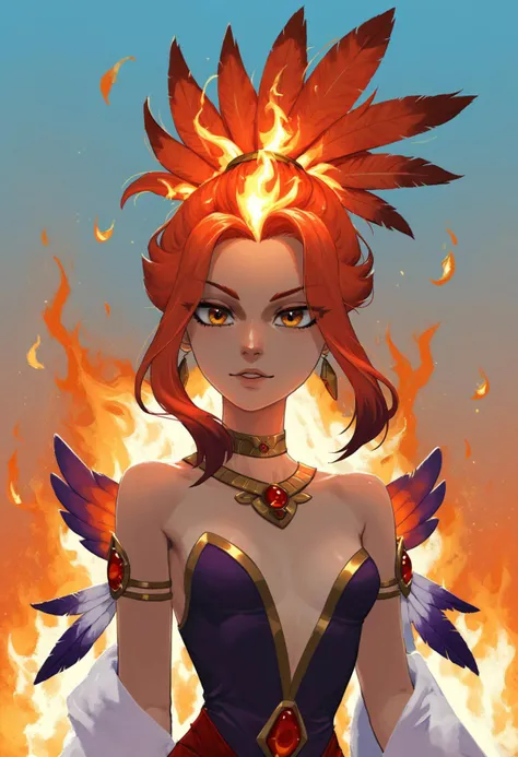 safe_pos, socre_9, score_8_up, score_7_up, aesthetic, sexy mythic phenix girl, eyes blaze, fire hair, feathers of fire, fire blaze feathers attire, small breasts, (open boobs neckline:0.9), S1_DRAM, <lora:add-detail-xl:1>, <lora:S1_Dramatic_Lighting_v2:0.2>, <lora:hands5g:1>,  <lora:incase-ilff-v3-4:0.6>, <lora:aesthetic:1.5>, <lora:xl_more_art-full_v1:1.5>