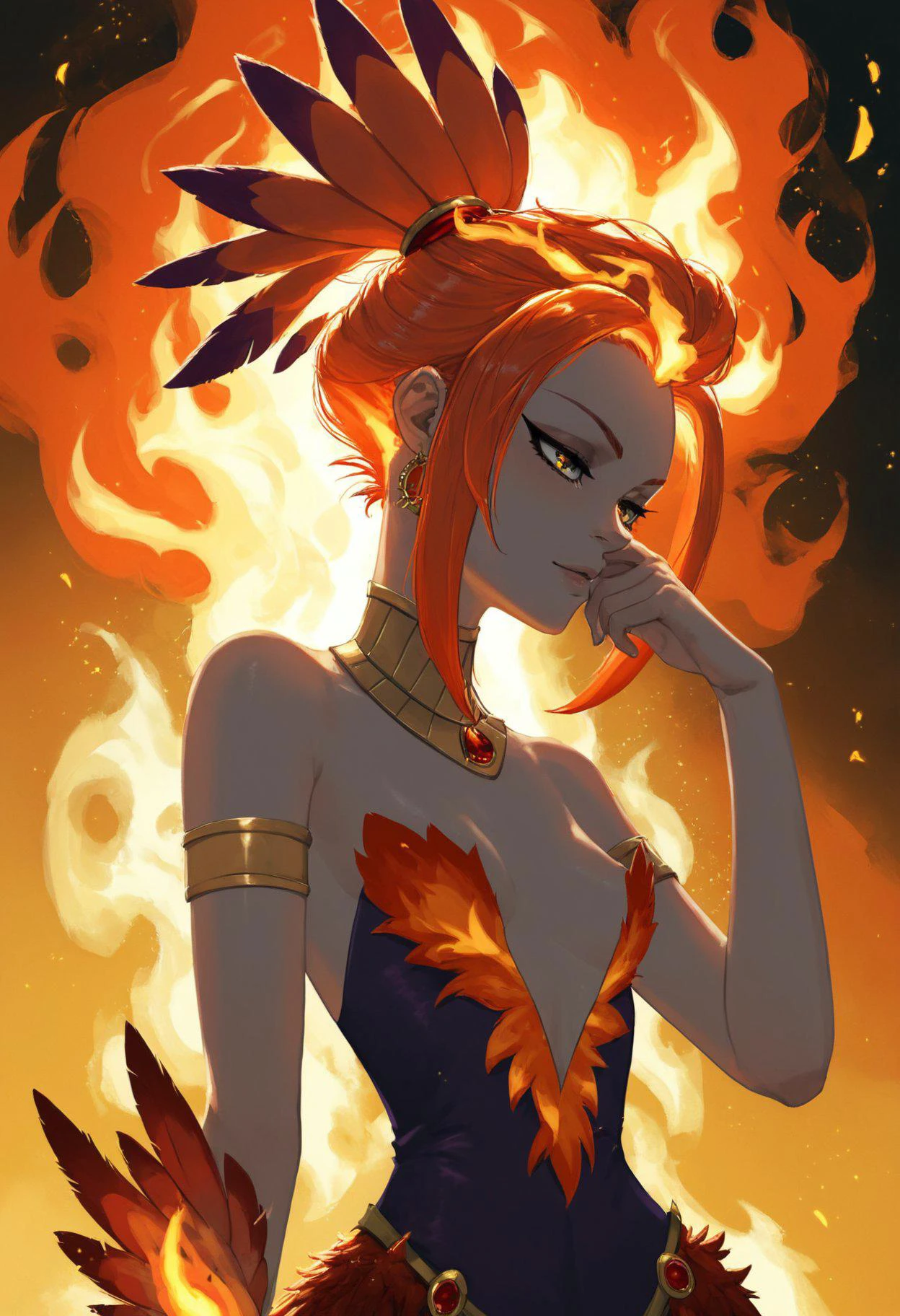 safe_pos, socre_9, score_8_up, score_7_up, aesthetic, sexy mythic phenix girl, eyes blaze, fire hair, feathers of fire, fire blaze feathers attire, small breasts, (open boobs neckline:0.9), S1_DRAM, <lora:add-detail-xl:1>, <lora:S1_Dramatic_Lighting_v2:0.2>, <lora:hands5g:1>, <lora:incase-ilff-v3-4:0.6>, <lora:aesthetic:1.5>, <lora:xl_more_art-full_v1:1.5>