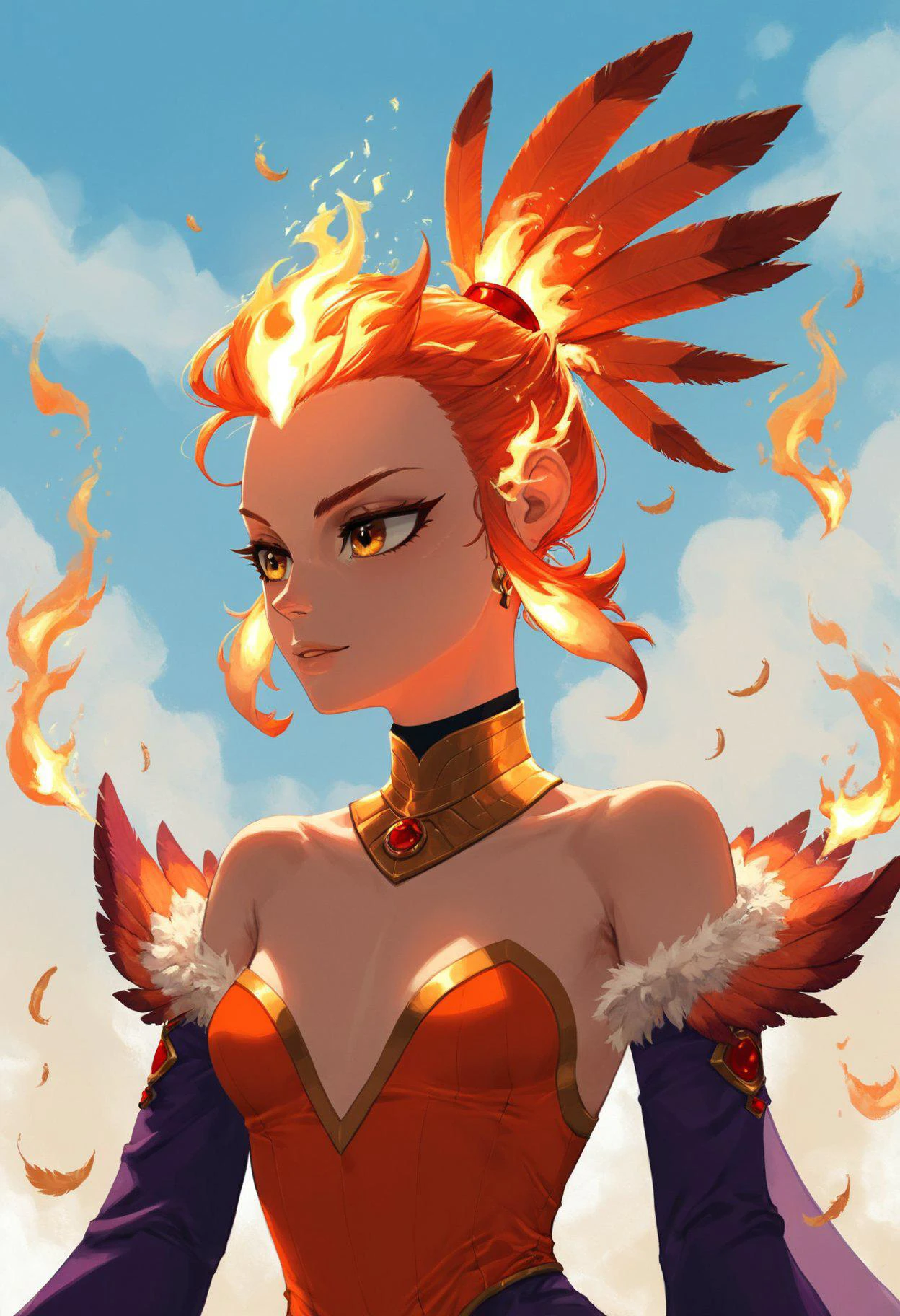 safe_pos, socre_9, score_8_up, score_7_up, aesthetic, sexy mythic phenix girl, eyes blaze, fire hair, feathers of fire, fire blaze feathers attire, small breasts, (open boobs neckline:0.9), S1_DRAM, <lora:add-detail-xl:1>, <lora:S1_Dramatic_Lighting_v2:0.2>, <lora:hands5g:1>, <lora:incase-ilff-v3-4:0.6>, <lora:aesthetic:1.5>, <lora:xl_more_art-full_v1:1.5>