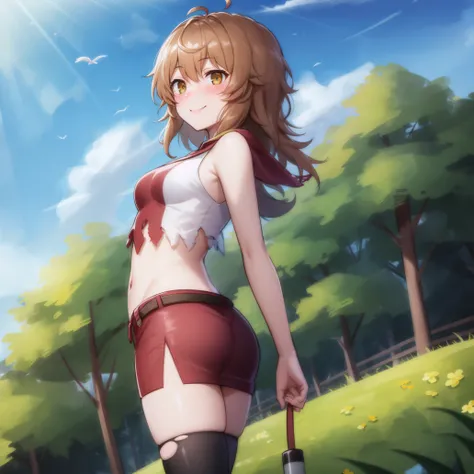 <lora:Lily:1>
best quality, 4k, ((masterpiece)), extremely detailed, 8k, trending on ArtStation, Intricate, High Detail, Sharp focus
1girl, solo, torn thighhighs, blush, skirt, brown hair, standing, midriff, brown eyes, short hair, from behind, navel, ahoge, on back, torn clothes, miniskirt,outdoors, field,looking back, smile,cowboy shot,smile,blue sky, dutch angle,